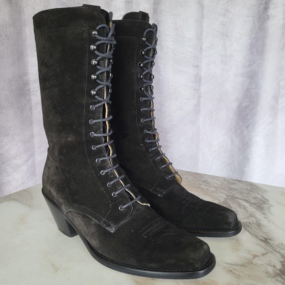 Joan David Tall Lace Up Black Suede Western Boots Womens Size 38 Square Toe - Picture 4 of 16